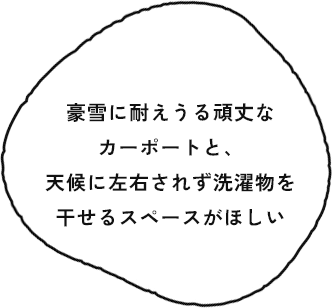 豪雪に耐えうる頑丈なカーポートと、天候に左右されず洗濯物を干せるスペースがほしい